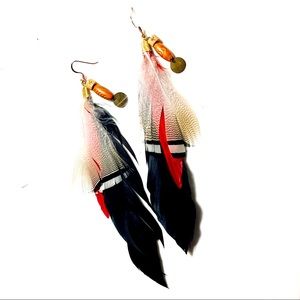 Red Black Tan Bohemian Feather Earrings Handmade by McGlamorous Western